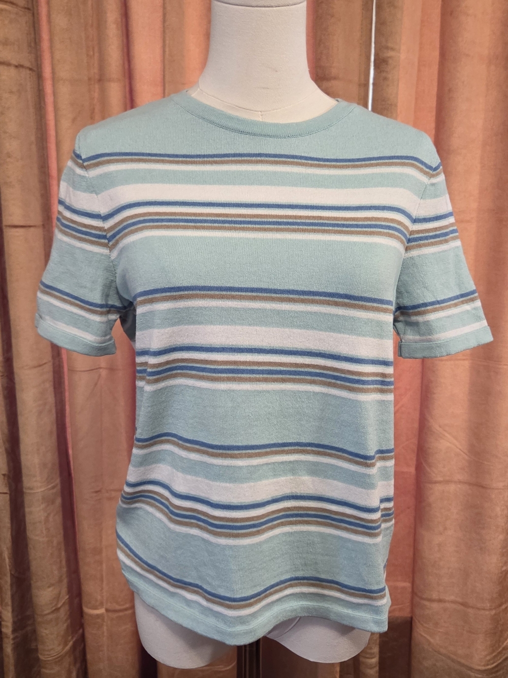 Mango Womens Light Aqua Striped Short Sleeve Crewneck Thin Sweater. Medium